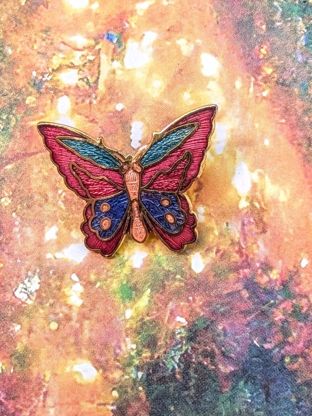 Vintage Cloisonne Gold Tone Butterfly Brooch